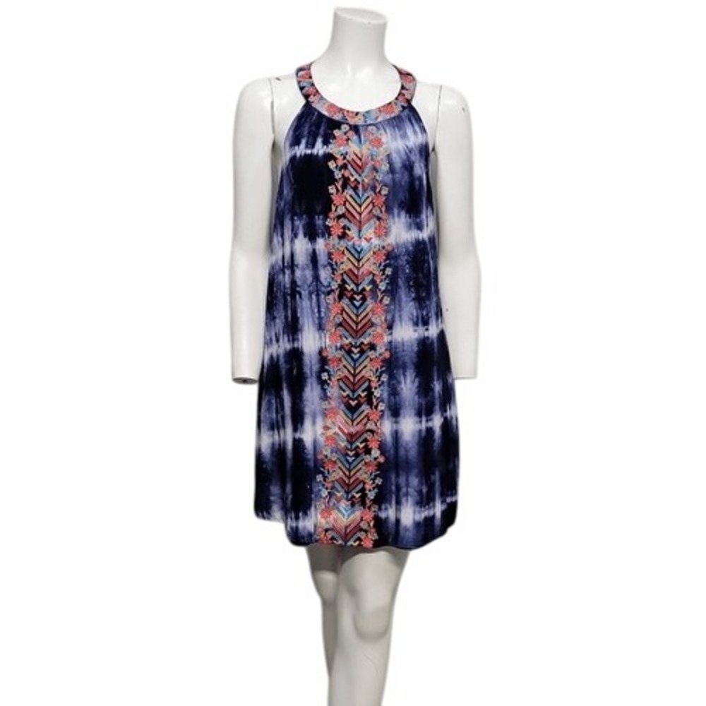 Savanna Jane Mini Sundress Large Blue Tie Dye Embroidery Halter Pockets Unique